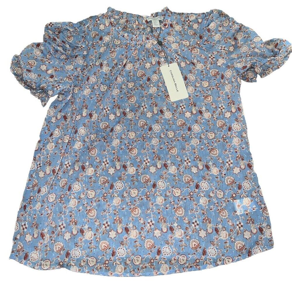 Carolina Belle Blouse Women M Blue Short Ruched Sleeve Dotted Swiss Ruffle Neck